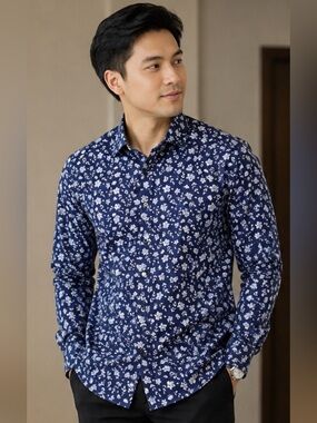 Joseph Abboud Navy Blue Floral Casual Button-Down Shirt